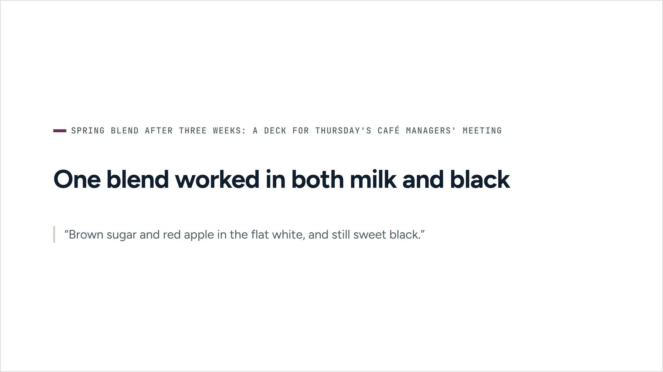 A slide from an agent-written deck for Cinderwood Coffee. Quote slide: ‘One blend worked in both milk and black’.