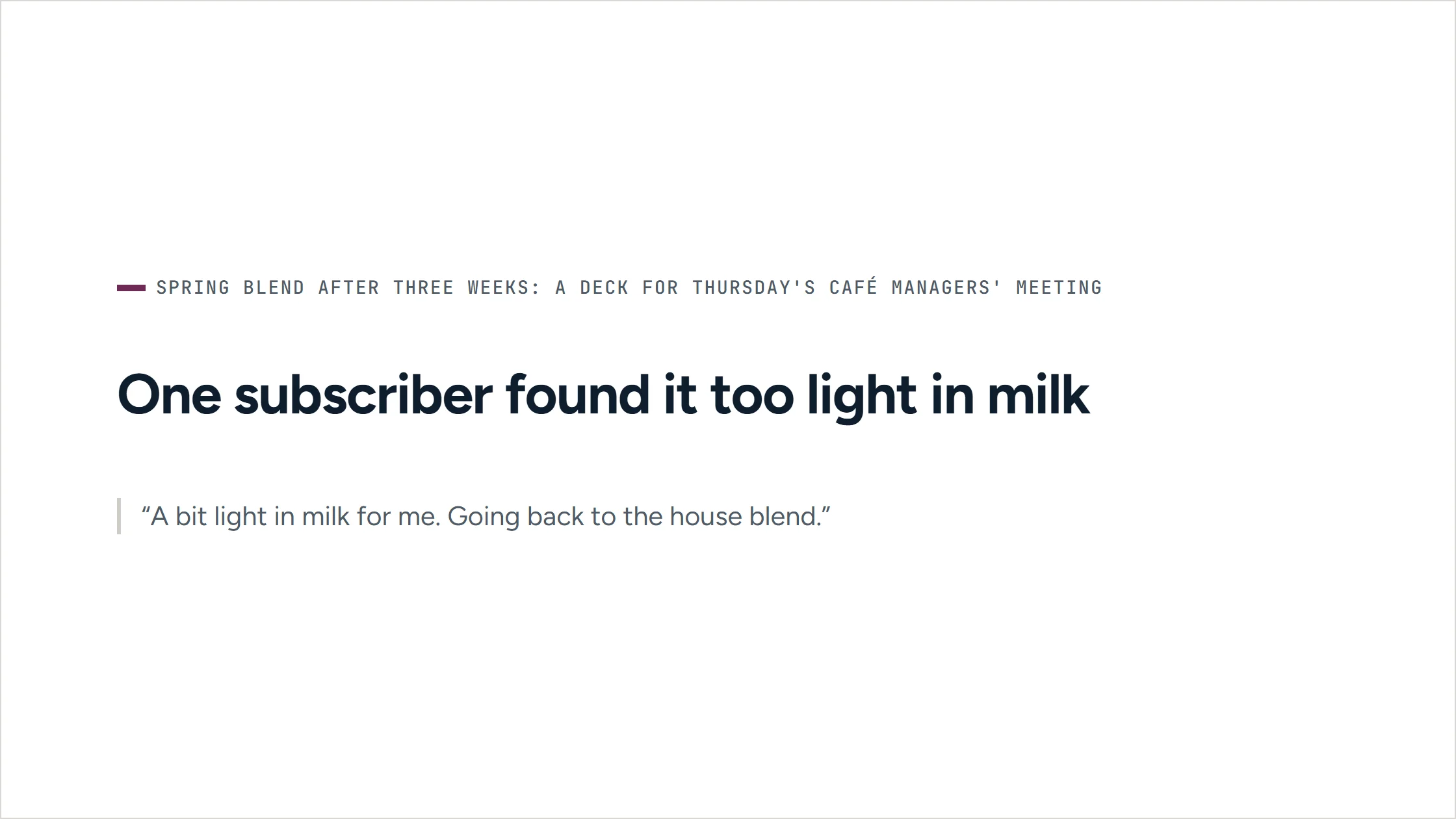 A slide from an agent-written deck for Cinderwood Coffee. Quote slide: one subscriber found it too light in milk.