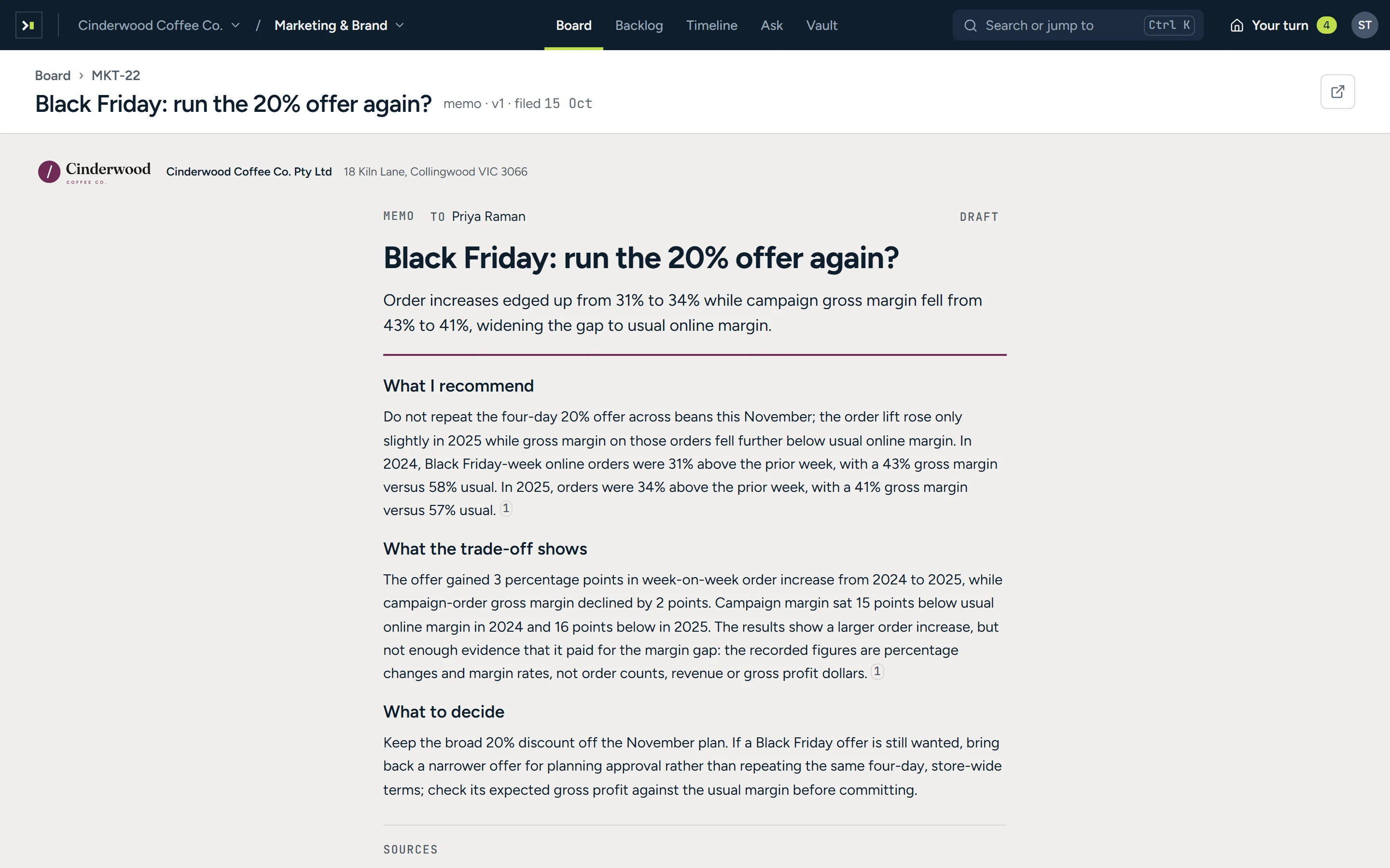 A one-page memo on Cinderwood Coffee letterhead, with its logo, recommending against repeating a Black Friday discount, in sections What I recommend, What the trade-off shows and What to decide.