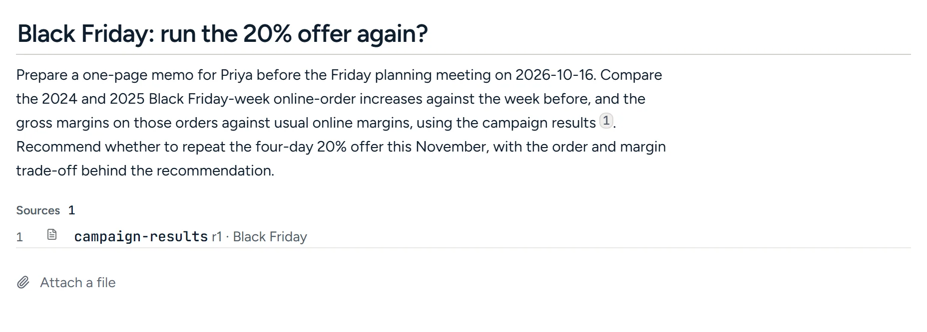 A job’s brief asking for a one-page memo comparing two years of Black Friday results, with one cited source.